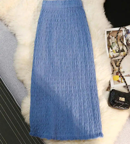 Women Solid Straight Slim Knitted Midi Skirt 2023 Autumn Winter Vintage Elegant Elastic High Waist Tassel Wrap Hip Skirts Female