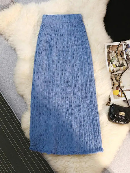 Women Solid Straight Slim Knitted Midi Skirt 2023 Autumn Winter Vintage Elegant Elastic High Waist Tassel Wrap Hip Skirts Female