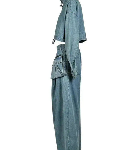 Blue Denim Jacket Big Size Wide Leg Pants Two Piece Suit New Stand Collar Women Fashion Tide Spring Autumn 2025 CPG0370