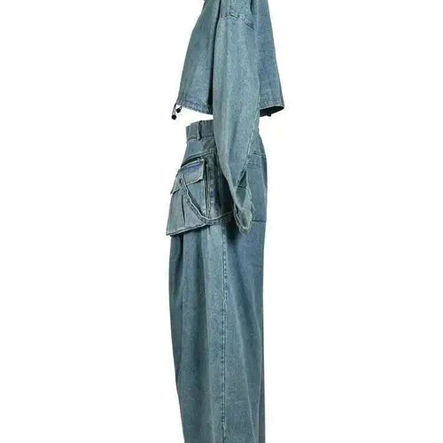 Load image into Gallery viewer, Blue Denim Jacket Big Size Wide Leg Pants Two Piece Suit New Stand Collar Women Fashion Tide Spring Autumn 2025 CPG0370
