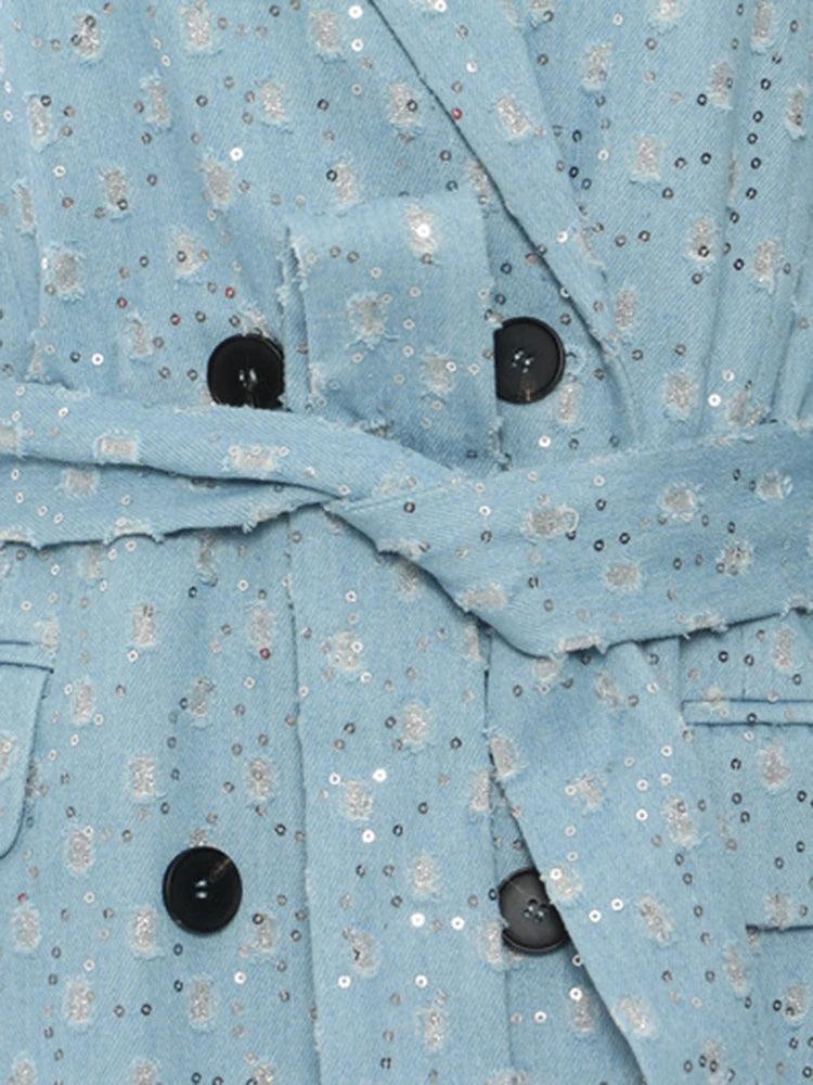 Women Blue Denim Sequins Big Size Thick Long Blazer New Lapel Long Sleeve Jacket Fashion Tide Spring Autumn 2025 1DH7153