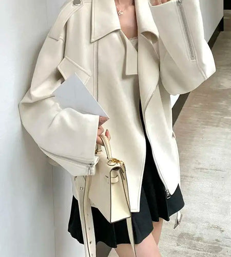 Beige Suede Belted Big Size Casual Jacket New Lapel Long Sleeve Women Coat Fashion Tide Spring Autumn 2025 1DH9701