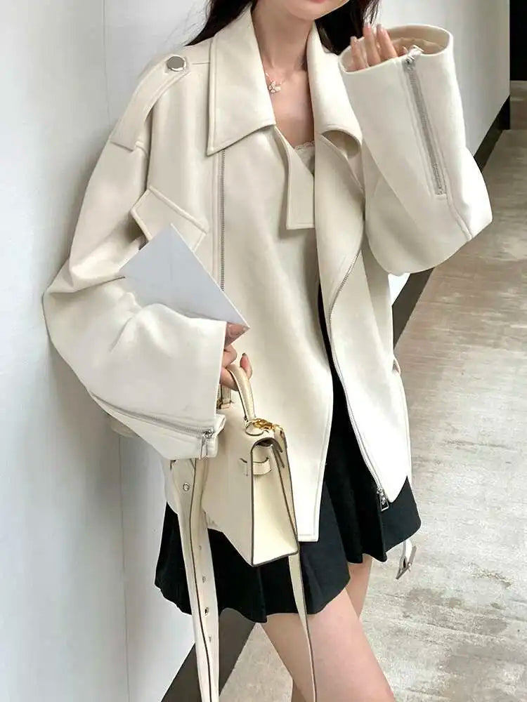 Beige Suede Belted Big Size Casual Jacket New Lapel Long Sleeve Women Coat Fashion Tide Spring Autumn 2025 1DH9701
