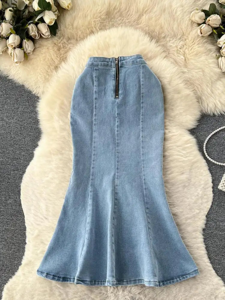 2023 New Women Black Denim Split Long Skirts Autumn High Wasit Blue Mermaid Jeans Skirt Female A-line Ruffled Fishtail Skirt Y2k