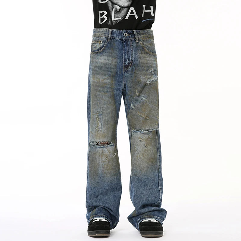 High Street Male Hole Denim Pants New Worn-out Contrast Color Boot Cut Slimming Loose Men‘s Jeans Summer Trendy 9C6680