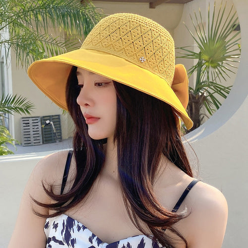 Load image into Gallery viewer, Women Summer Hats Outdoor Fashion Bow Design Hollow Straw Hat Sunshade UV Protection Sun Hat Travel Beach Hat
