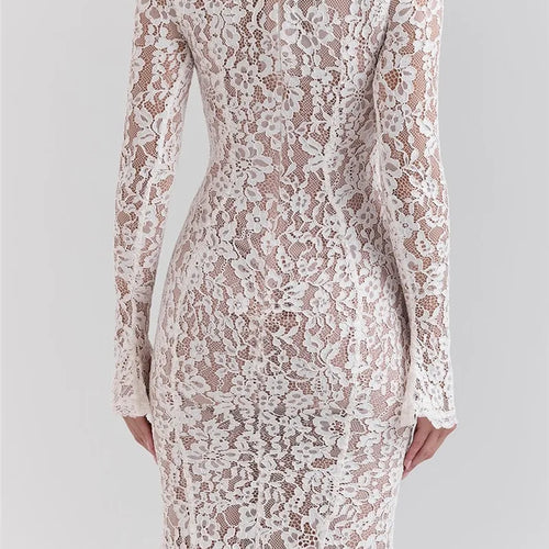 Load image into Gallery viewer, Lace Long Sleeve Sexy Midi Dress For Women Elegant White Half High Collar High Waist Bodycon Club Party Sexy Long Dress
