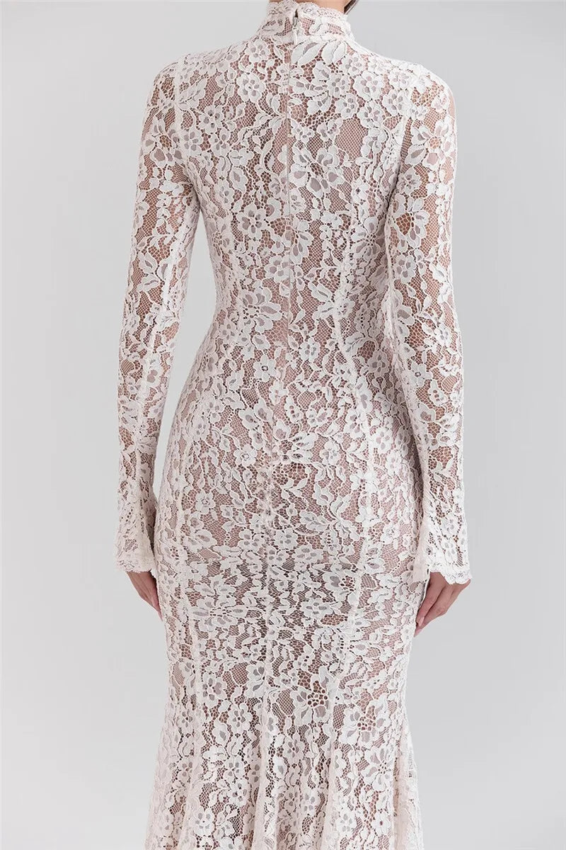 Lace Long Sleeve Sexy Midi Dress For Women Elegant White Half High Collar High Waist Bodycon Club Party Sexy Long Dress