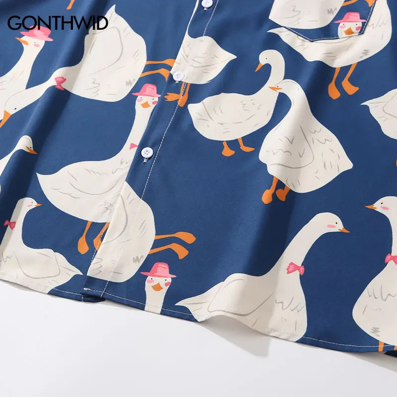 Summer Hawaiian Shirts Funny Retro Duck Print Short Sleeve Pocket Tropical Beach Shirts Harajuku Fashion Loose Button Up Shirt