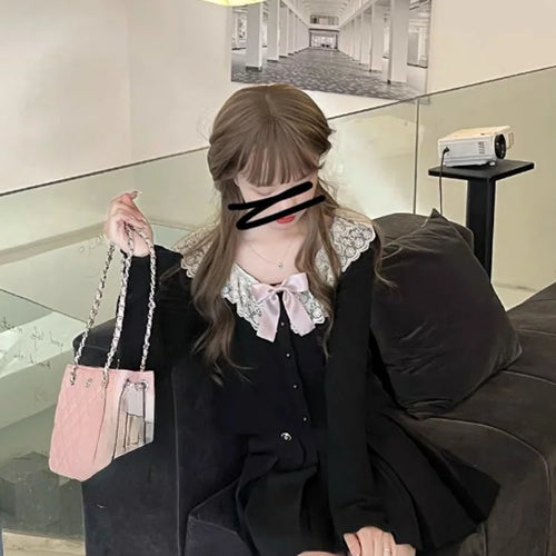 Load image into Gallery viewer, Y2k Aesthetic Lolita Lace O-Neck Womens Cardigan Long Sleeve Crop Tops Korean Style Bow Patchwork  Autumn Knitted
