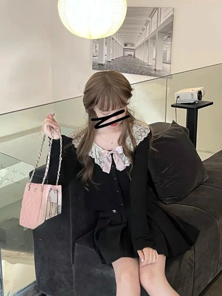 Y2k Aesthetic Lolita Lace O-Neck Womens Cardigan Long Sleeve Crop Tops Korean Style Bow Patchwork  Autumn Knitted