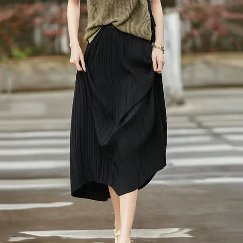 Load image into Gallery viewer, Frenchy Solid High Waist Pleated Skirt Women Elastic Waist Fashionable All-match A-Line Midi Skirt Female C-082
