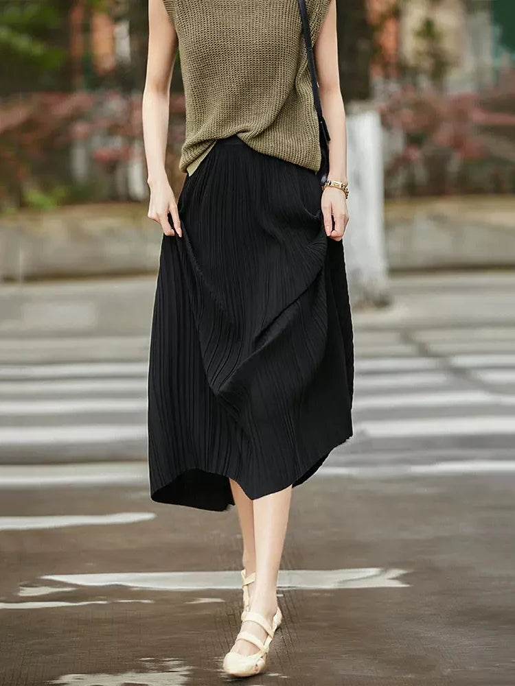 Frenchy Solid High Waist Pleated Skirt Women Elastic Waist Fashionable All-match A-Line Midi Skirt Female C-082