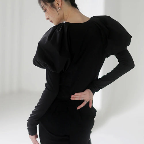 Load image into Gallery viewer, Slim Black Shirt For Women Round Neck Puff Sleeve Solid Minimalist Blouses Female Autumn Clothing Fashion
