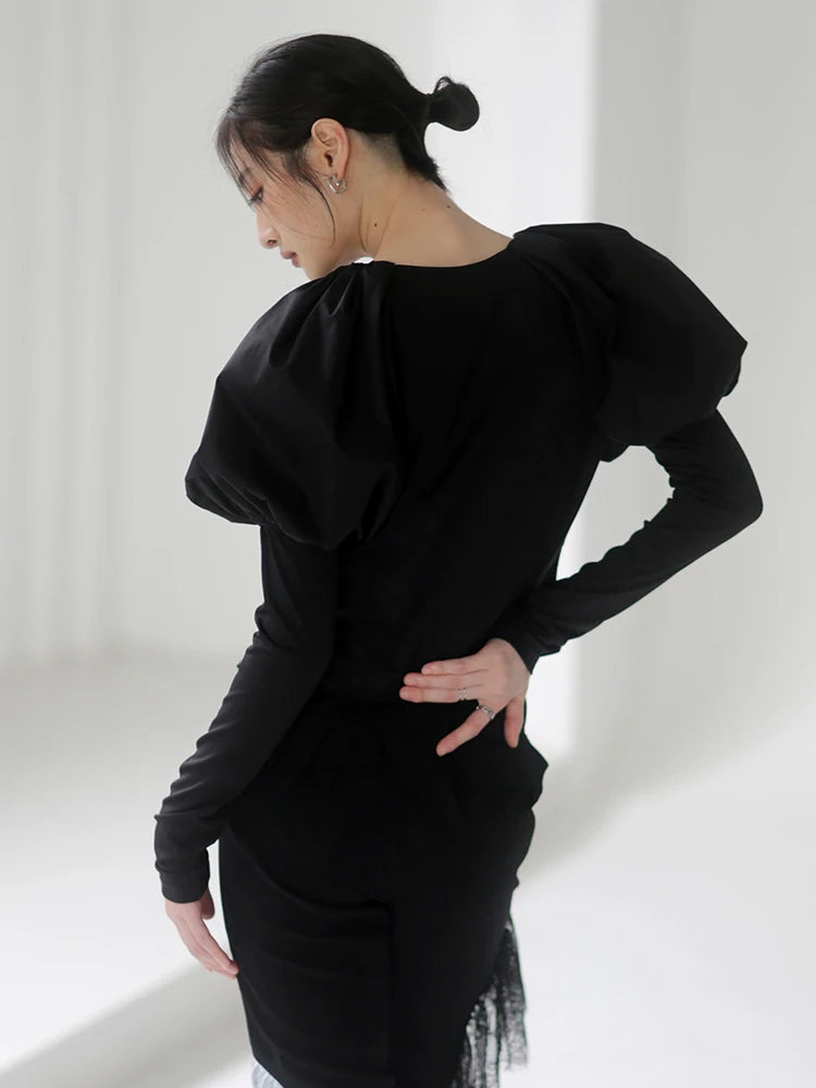 Slim Black Shirt For Women Round Neck Puff Sleeve Solid Minimalist Blouses Female Autumn Clothing Fashion