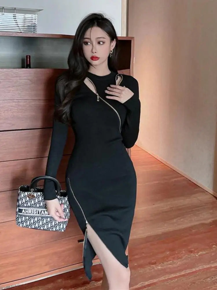 Autumn Black Sexy Club  Round Neck Zipper Dress Women A Line Casual Streets 2023 New Long Sleeved Party Slim Knit Hip Wrap Dress