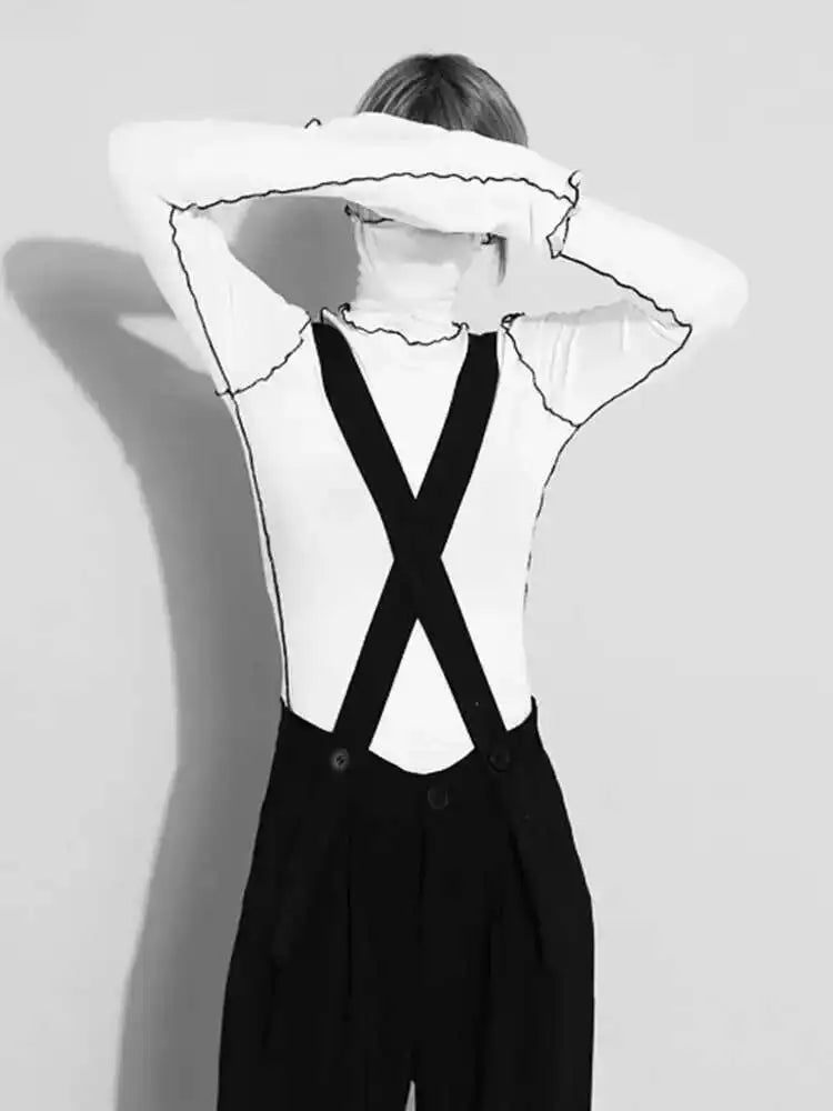 Women Black Topstitched Color-block High Elastic T-shirt New Turtleneck Long Sleeve Fashion Spring Autumn 2025 1DF4802