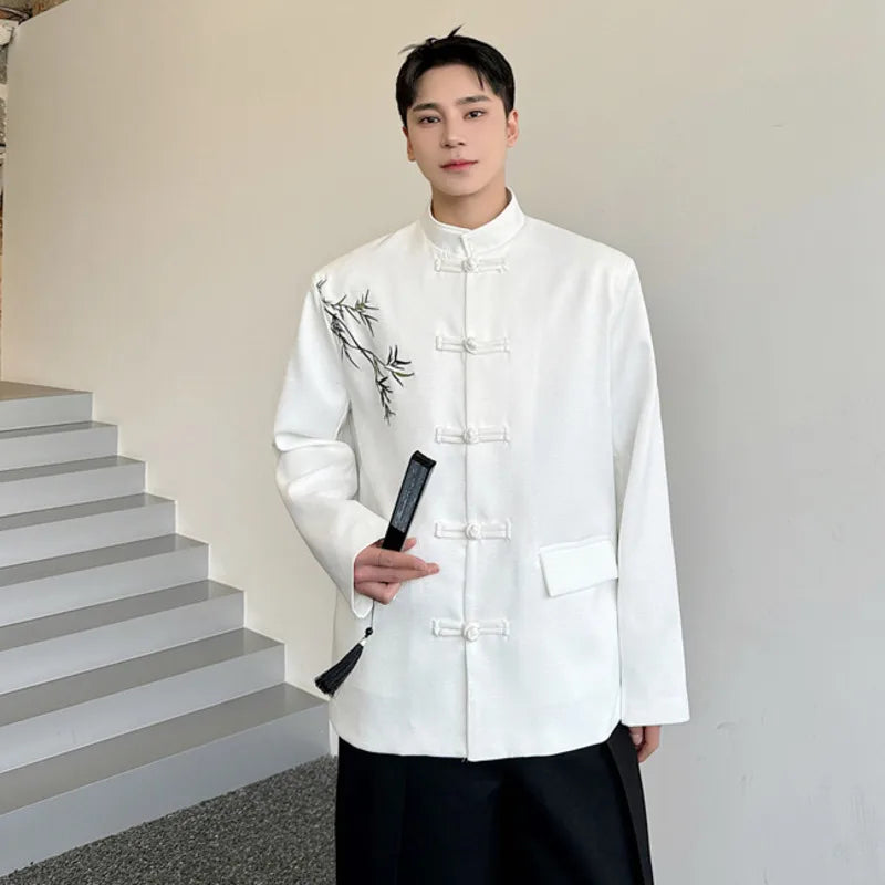 Men's Suit Coat New Chinese Style Embroidered Bamboo Pattern Stand Collar Male Blazer Spring Menwear Knot Button 9W1578