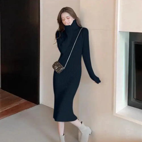 Load image into Gallery viewer, Autumn Winter White Sweater Dresses Fashion Female Black Long Sleeve Skinny Casual Blue Turtleneck Kintted Wrap Hip Dress Women
