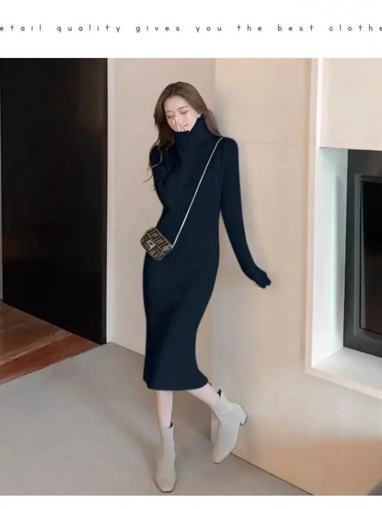 Autumn Winter White Sweater Dresses Fashion Female Black Long Sleeve Skinny Casual Blue Turtleneck Kintted Wrap Hip Dress Women