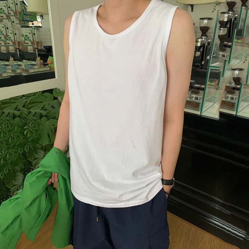 Men's Handsome Sports Vest New Summer Loose Round Neck Korean Pullover Trendy Solid Color Stylish Simple Male Top 9W1613