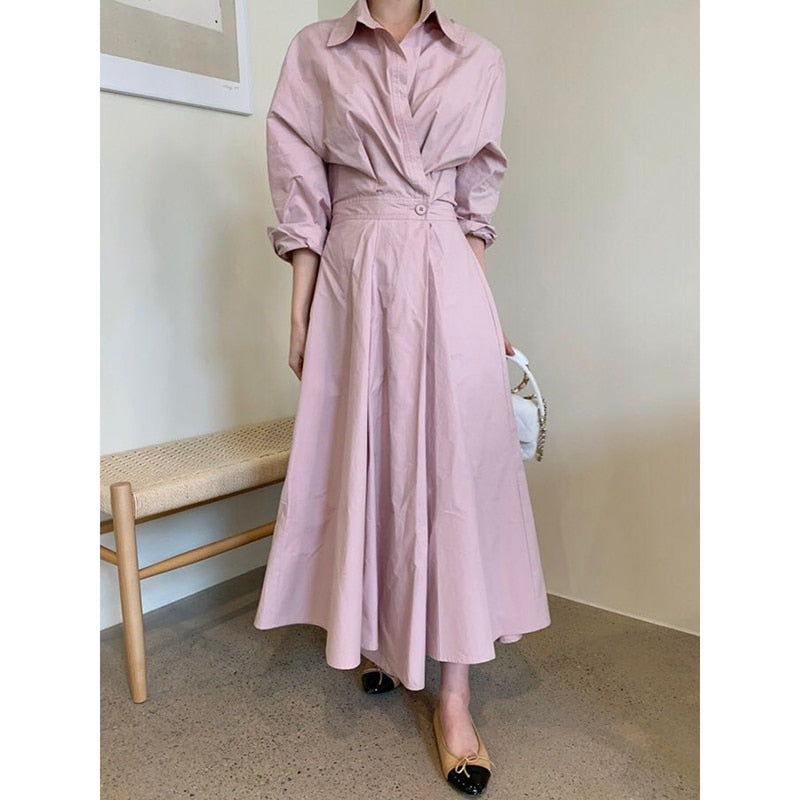 Korean Fashion Slim Dress For Women Lapel Long Sleeve High Waist Midi Dresses Female Spring Clothing Style