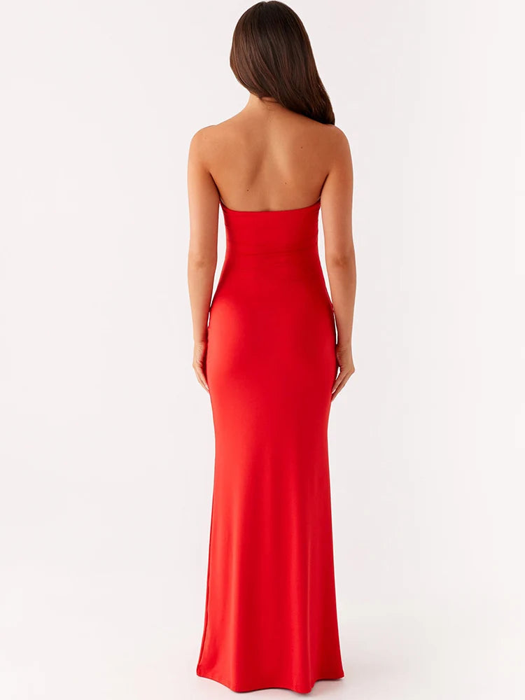 Metal Rose Hollow Out Sexy Maxi Dress Women Beach Holiday Gown Strapless Off-shoulder Backless Bodycon Club Long Dress