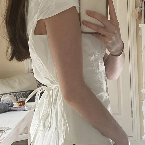 Load image into Gallery viewer, White Tie Up T Shirt y2k Women Short Sleeve Turn Down Collar Button Crop Top Vintage Harajuku Korean Tee Summer Casual
