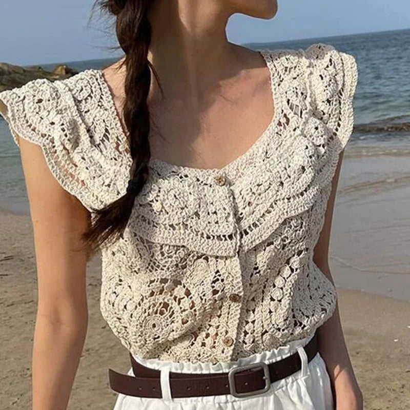 Crochet Crop Top Women Summer Clothes Cutout V Neck Fly Sleeve Buttons T Shirt Vest y2k Clothing Beach Streetwear