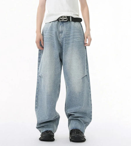 Men's Jeans Solid Color Design Personalized Pleated Casual Curved Knife Fashion Loose Washed Male Denim Pants Summer 9W1587