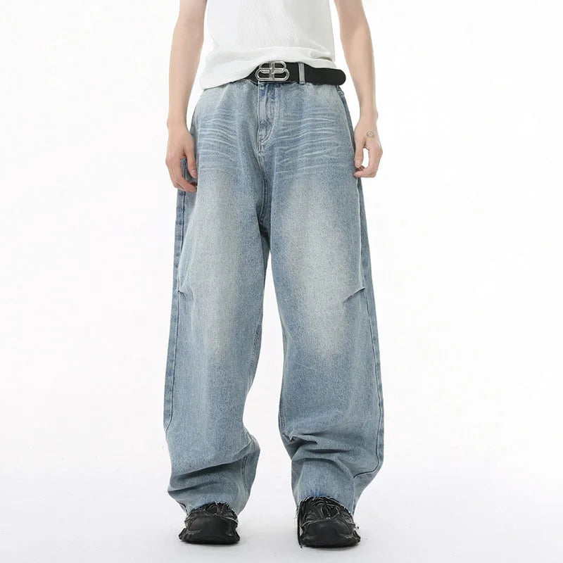 Men's Jeans Solid Color Design Personalized Pleated Casual Curved Knife Fashion Loose Washed Male Denim Pants Summer 9W1587