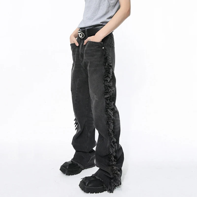 Men's Jeans High Street Autumn Personalized Ragged Edge Splicing Denim Pants Niche Design Male Trousers 9C5093