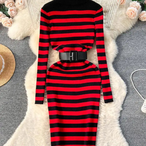 Load image into Gallery viewer, Autumn Winter Patchwork Stripe Knit Long Dress Female Fashion Medium Length High Neck Warm Loose Slim Sweater Dress Women French
