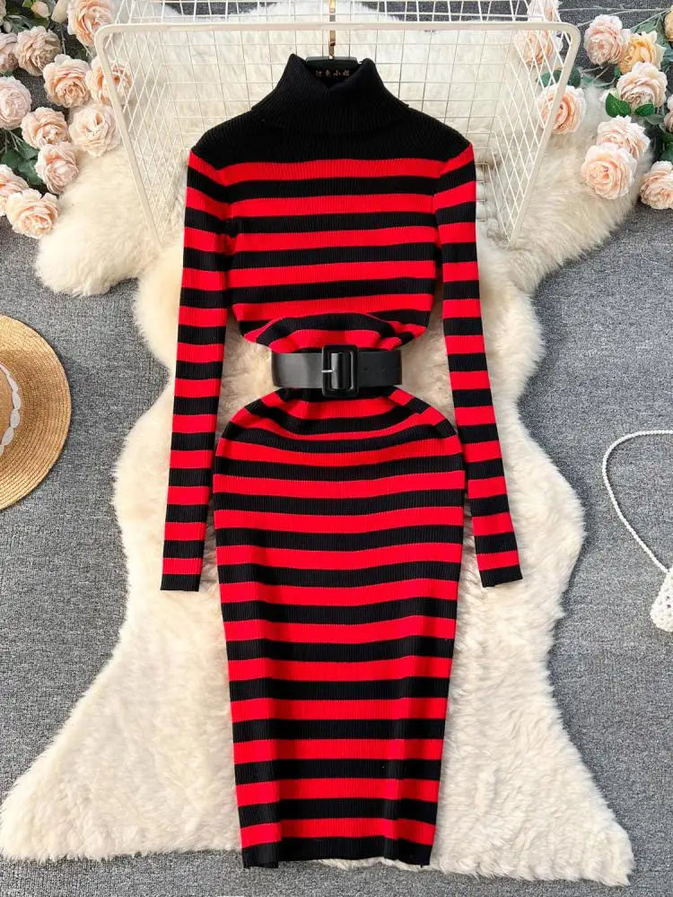 Autumn Winter Patchwork Stripe Knit Long Dress Female Fashion Medium Length High Neck Warm Loose Slim Sweater Dress Women French