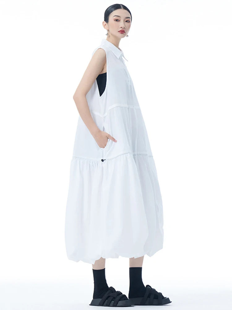 Women Black Brief Pleated Big Size Midi Bud Shirt Dress New Lapel Sleeveless Fashion Tide Spring Autumn 2025 1DJ0955