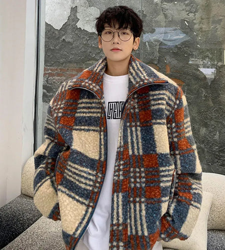 Winter Men Wear Woolen Jacket Turtleneck Plaid Contrast Color Patchwork Male Overcoat New Stylish Loose Fit 9C9036