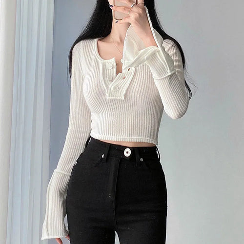 Load image into Gallery viewer, Korean Fashion Knit White Female T-shirt Stitch Buttons Casual Autumn Crop Top Tee Basic Kawaii Clothes Fitness Shirt
