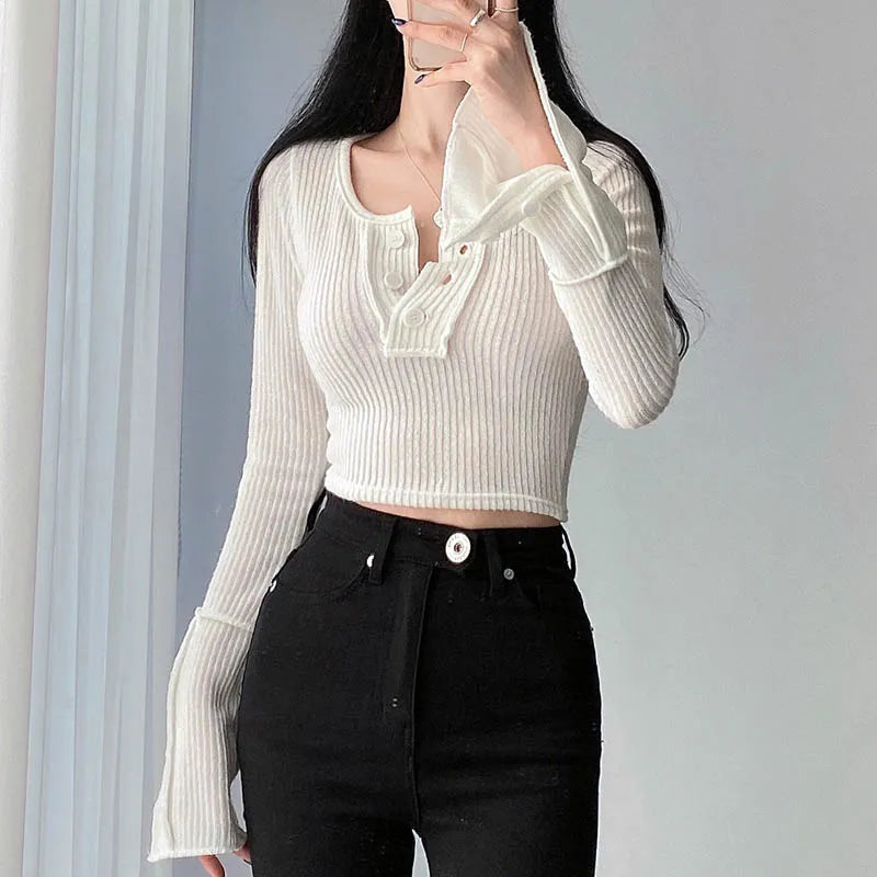 Korean Fashion Knit White Female T-shirt Stitch Buttons Casual Autumn Crop Top Tee Basic Kawaii Clothes Fitness Shirt