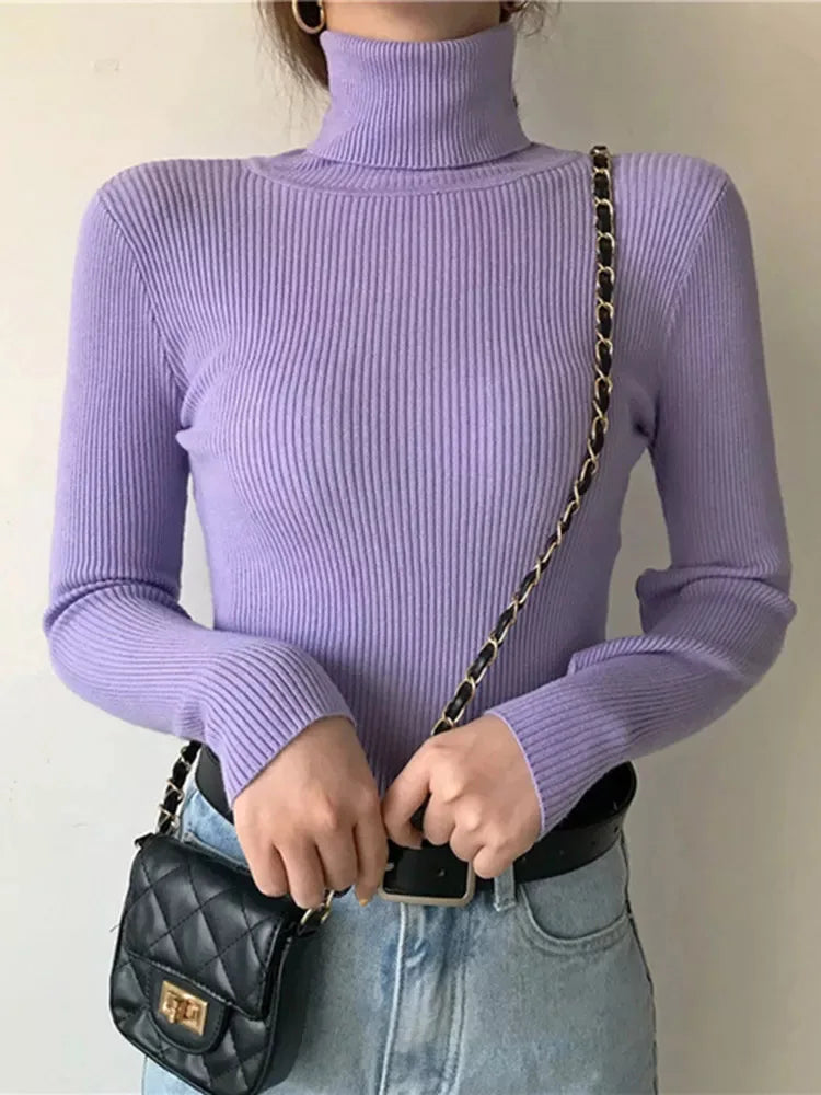 New 2025 Women Pullover Turtleneck Sweater Autumn Long Sleeve Slim Elastic Korean Simple Basic Cheap Jumper Solid Color Top