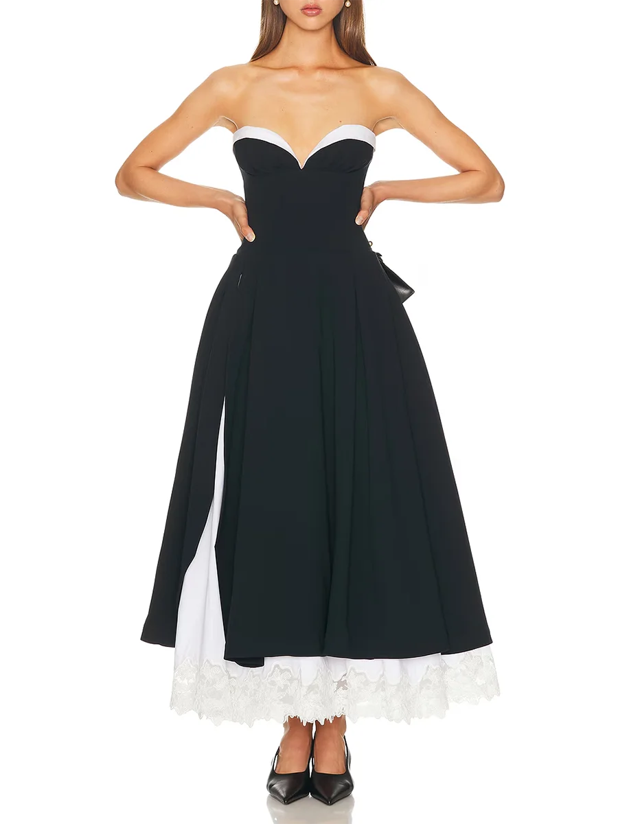 Hit Color Spliced Lace Minimalist Long Dresses for Women Strapless Sleeveless High Waist Elegant Dress Female New