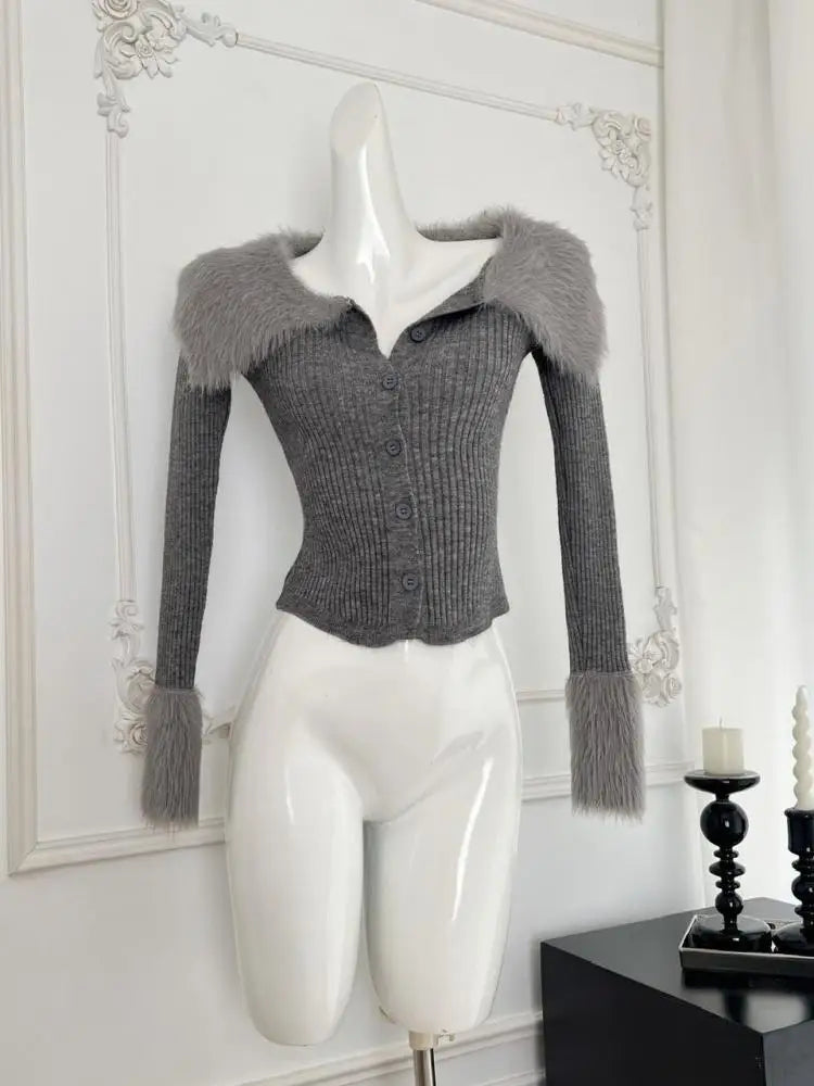 Retro Black Plush Neck Long Sleeved Cardigan Sweater Women Grey Festival Casual Versatile Short Knit Tops 2024 Autumn Winter New