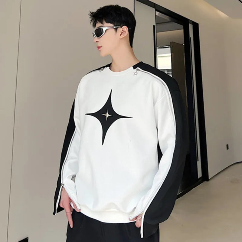 Men Hollow Out T-shirts New Trendy Contrast Color Zipper Niche Design Loose Casual Male Korean Fashion Top Patchwork 9A7261