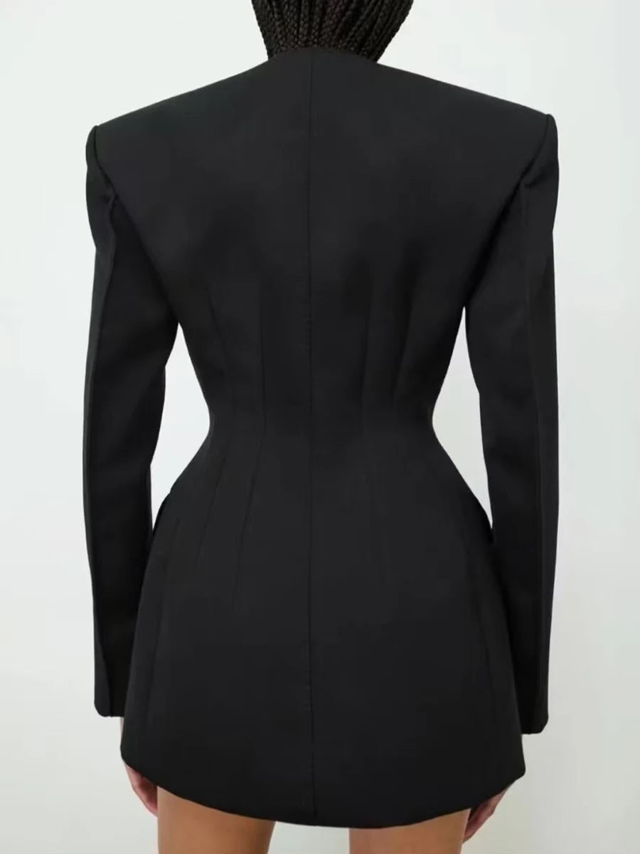 Slimming Spliced Double Breasted Temperament Blazers for Women Round Neck Long Sleeves Tunic Blazer Female Clothing