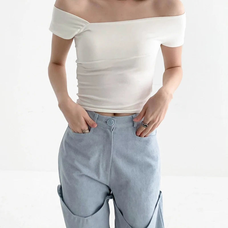 White Crop Top Women Sexy Clothes Solid Color Oblique Shoulder Short Sleeve T Shirt y2k Aesthetic Clothing Streetwear