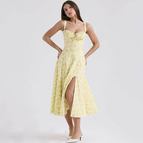 Load image into Gallery viewer, Spaghetti Strap Summer Dress 2024 Elegant Midi Yellow Floral Print Dress Slit Sexy Birthday Party Dresses Women
