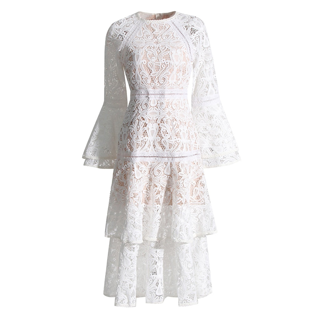 Spliced Lace Dresses For Women Round Neck Flare Sleeve High Waist Hollow Out Slimming Dress Female Fashion