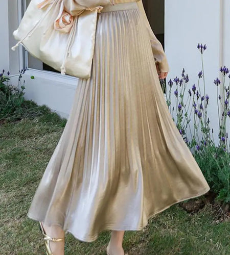 French Fashion Women Solid Elegant Festival Pleated Long Skirt Spring Summer Elastic High Waist Office Lady Skirts Popular Trend