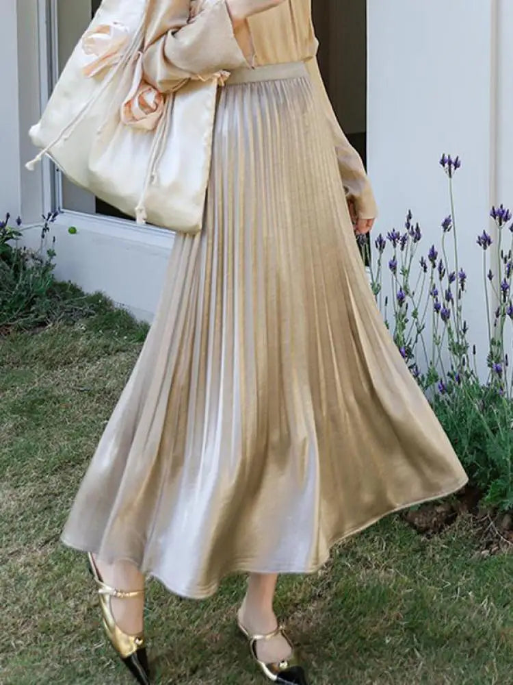 French Fashion Women Solid Elegant Festival Pleated Long Skirt Spring Summer Elastic High Waist Office Lady Skirts Popular Trend