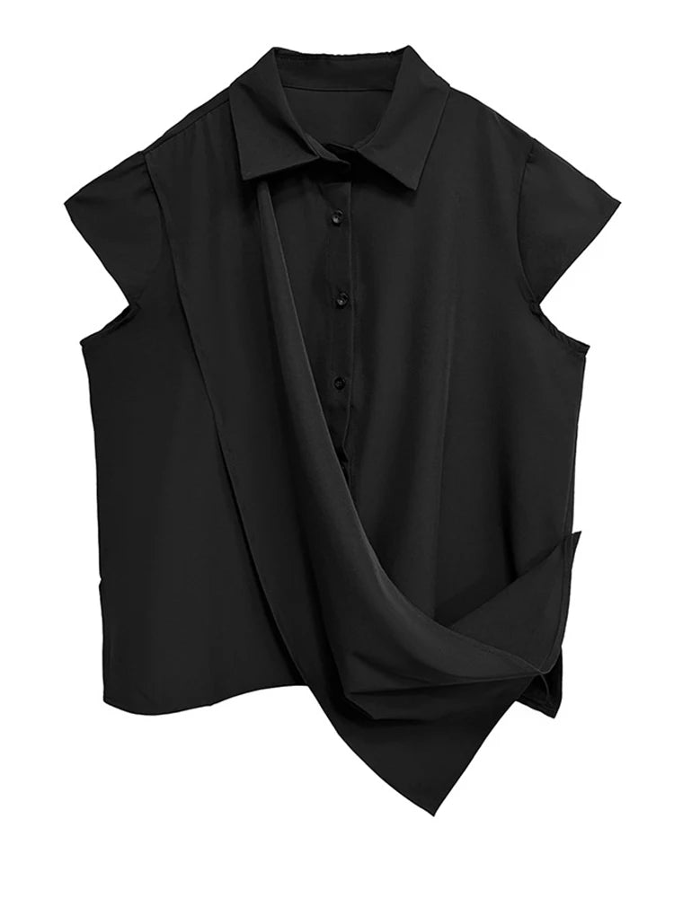 Women White Irregular Spliced Big Size Casual Blouse New Lapel Short Sleeve Shirt Fashion Tide Spring Summer 2025 1DJ1340