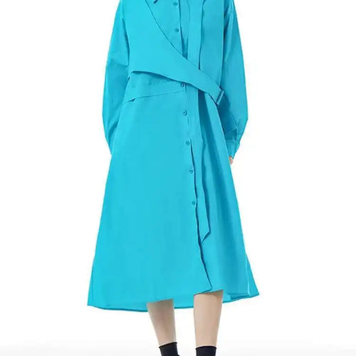 Load image into Gallery viewer, Women Purple Belted Big Size Irregular Midi Shirt Dress New Lapel Long Sleeve Fashion Tide Spring Autumn 2025 1DH5164
